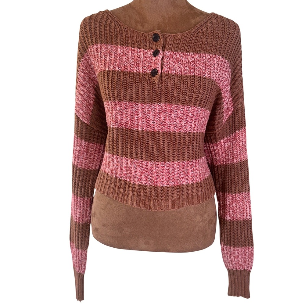 American Eagle Boxy Striped Knit Sweater Women's Small Brown Pink EUC Cozy